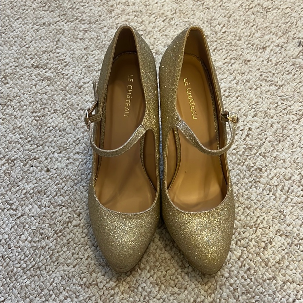 Le Chateau Gold Mary Jane Heels with Glitter Finish
